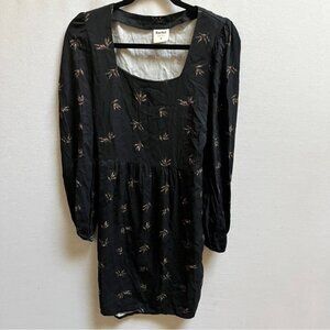 Rachel Mona Square Neck Long Sleeve A Line Dress Black Leaf Print Tie Back Sz M